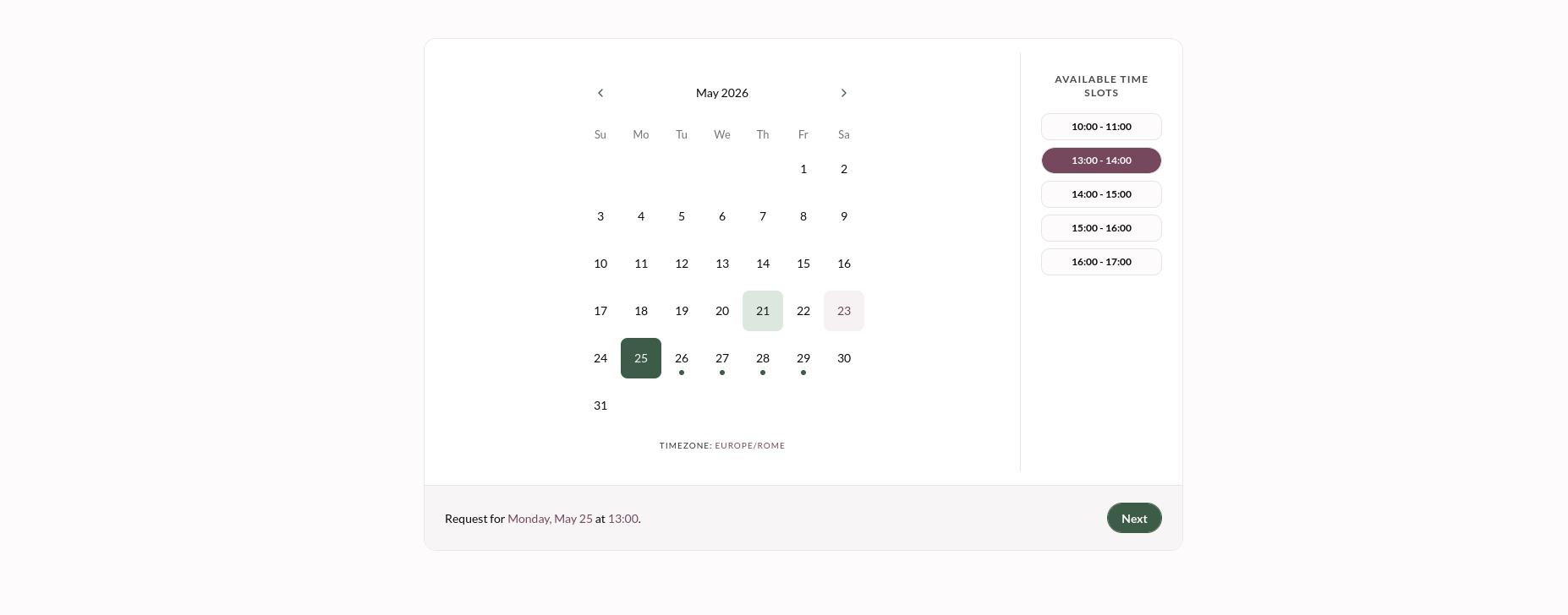 Macro screenshot of the availability calendar.
